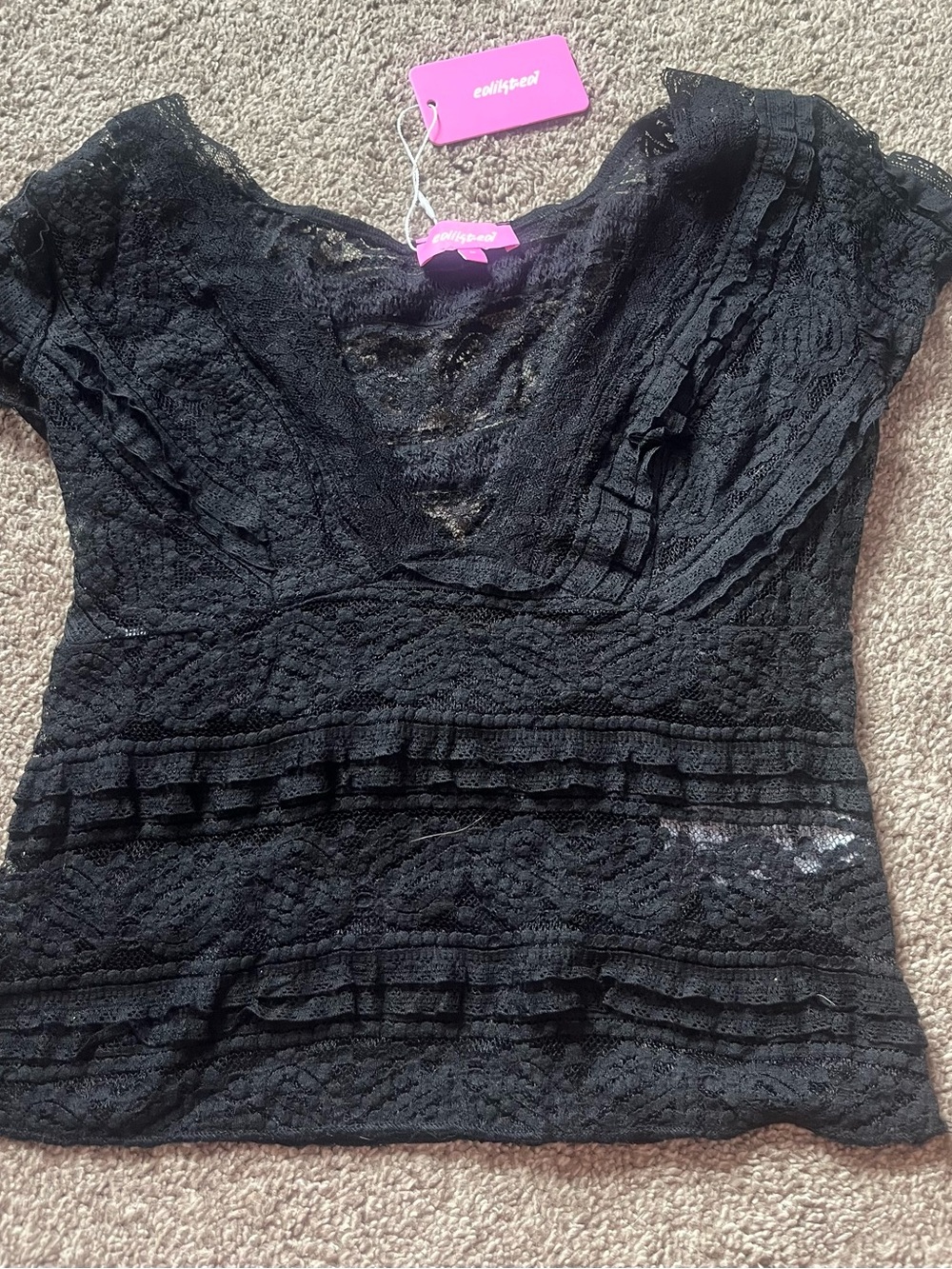 Edikted Black Lace V-Neck Ruffled Short Sleeve Top